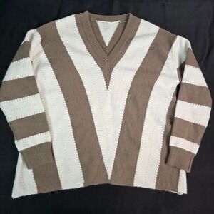 Brown White Striped V Neck‎ Long Sleeve Patchwork Knit Sweater Women's Small